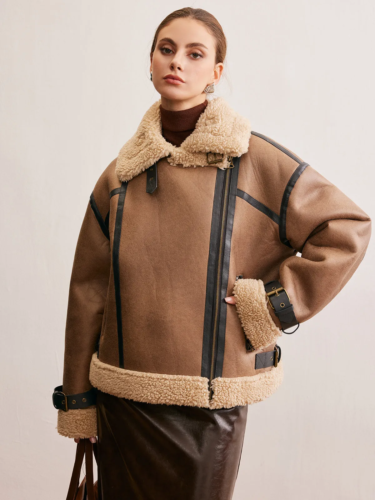 Chicmy-Winter Outfits Christmas Thanksgiving Gift New Year's Eve Outfits Streetwear Fashion Faux Leather Zipper Teddy Coat