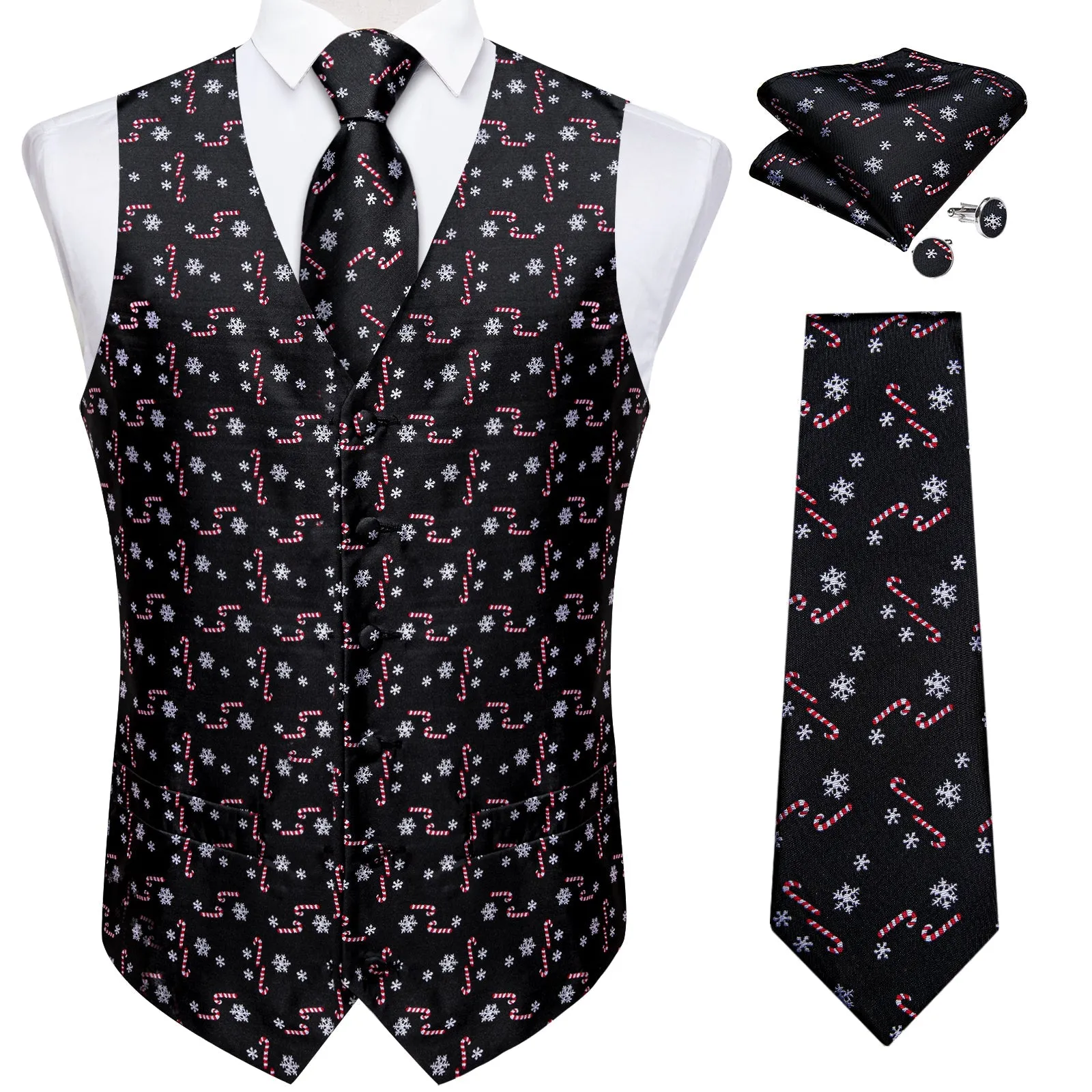Christmas Black Red Candy Cane Novelty Satin Men's Vest Tie Set