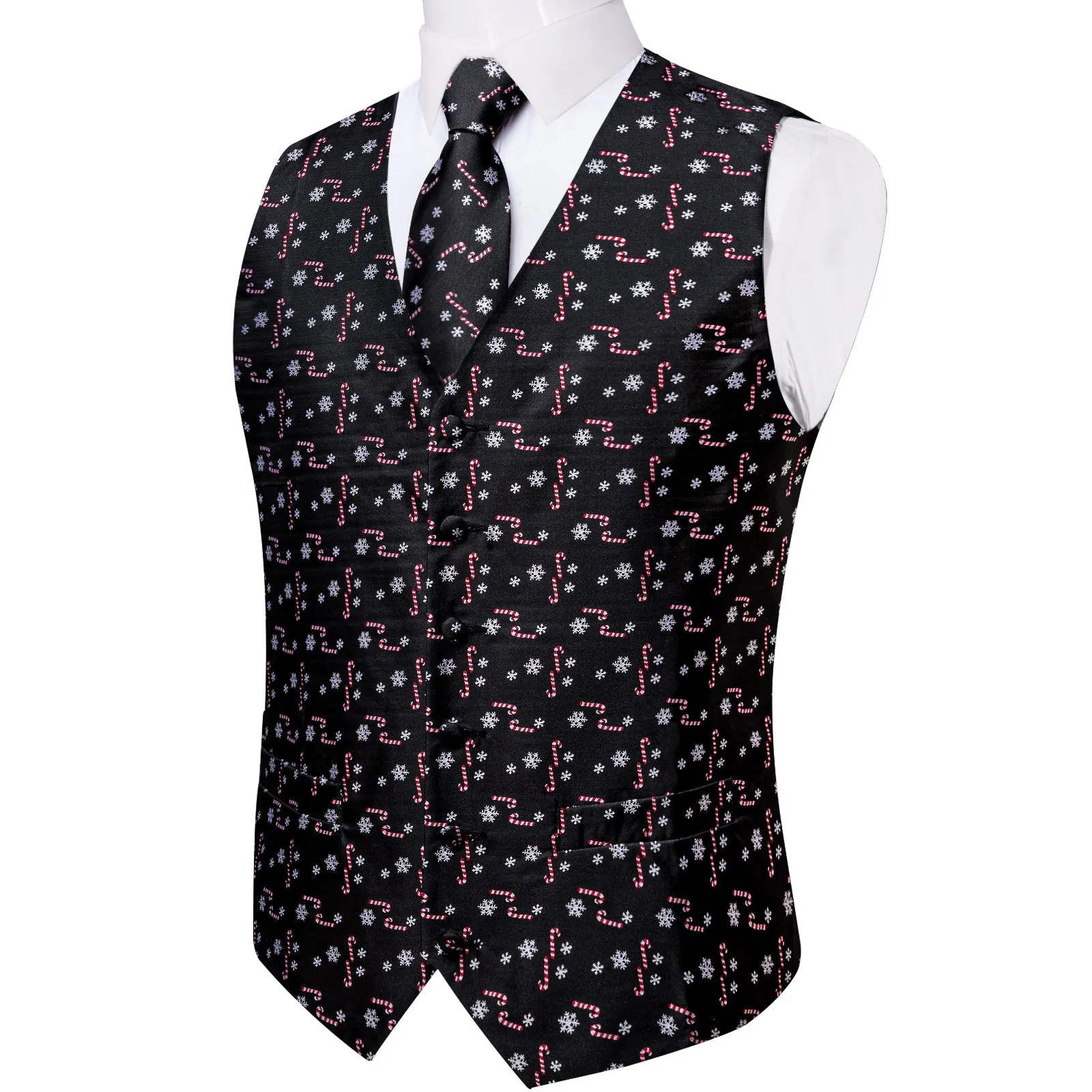 Christmas Black Red Candy Cane Novelty Satin Men's Vest Tie Set