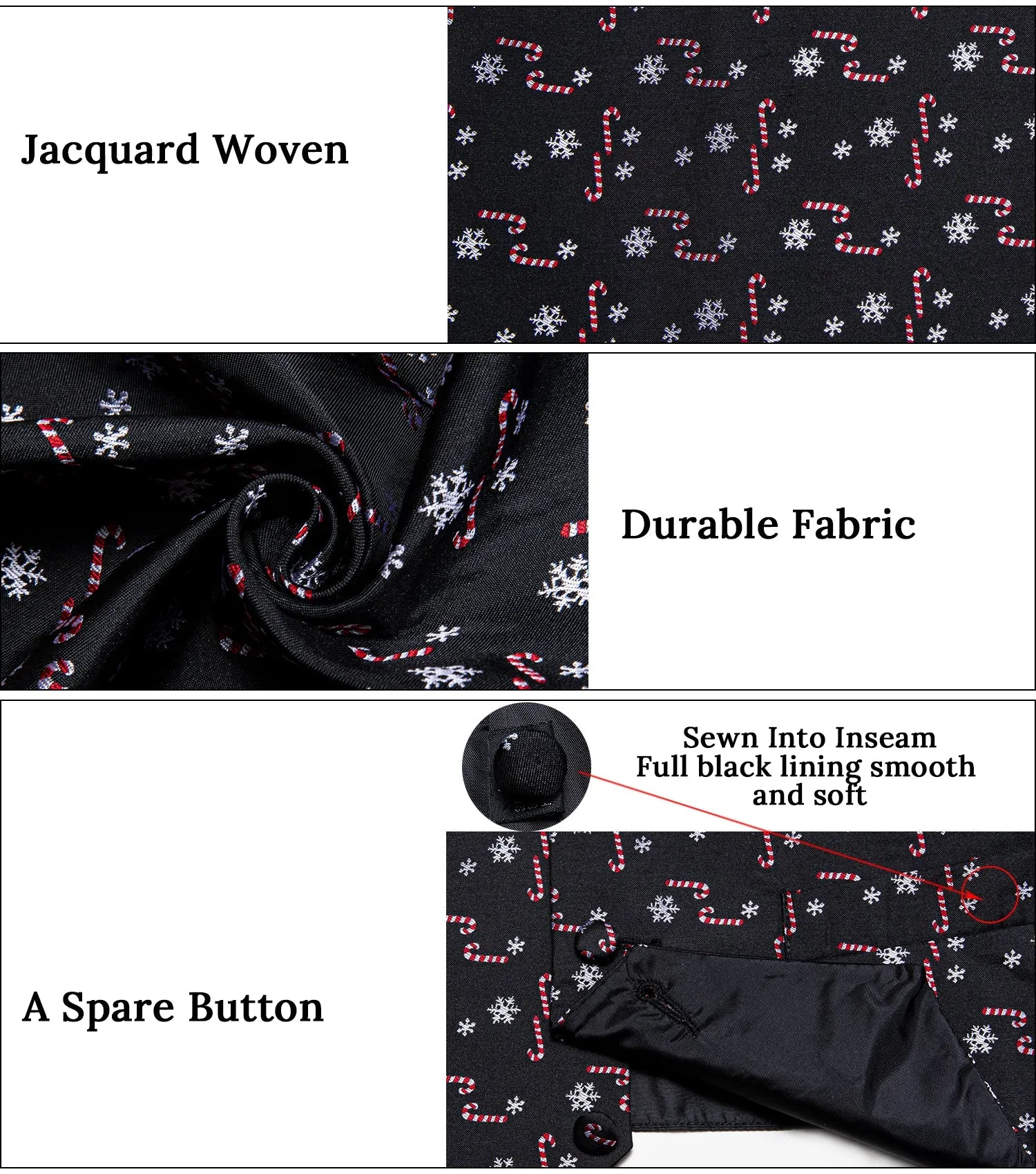 Christmas Black Red Candy Cane Novelty Satin Men's Vest Tie Set