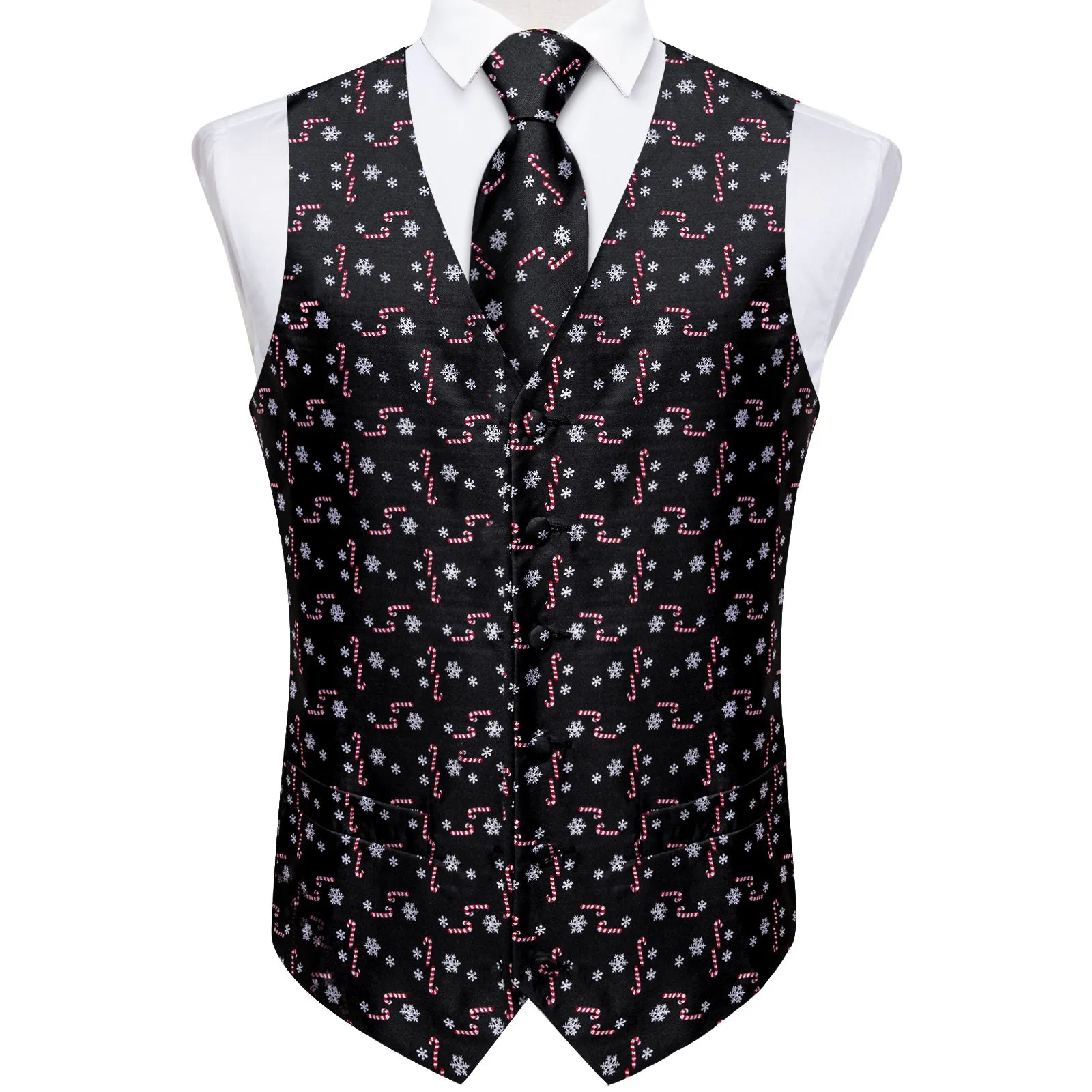Christmas Black Red Candy Cane Novelty Satin Men's Vest Tie Set