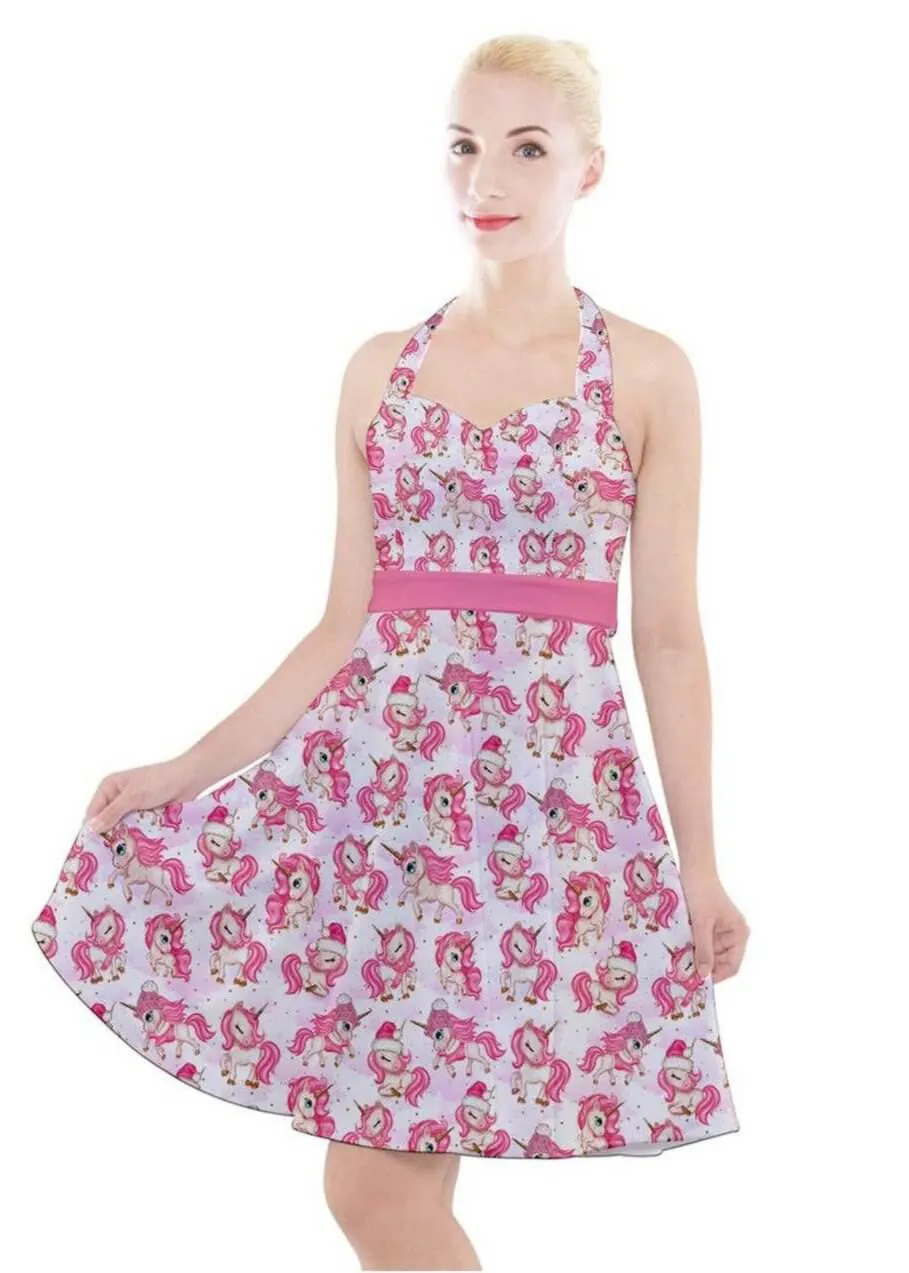 Christmas Unicorns Halter Swing Dress