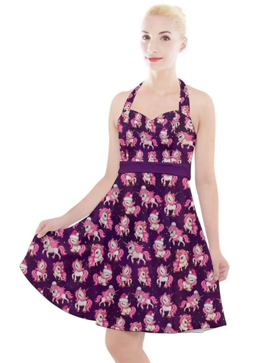 Christmas Unicorns Halter Swing Dress