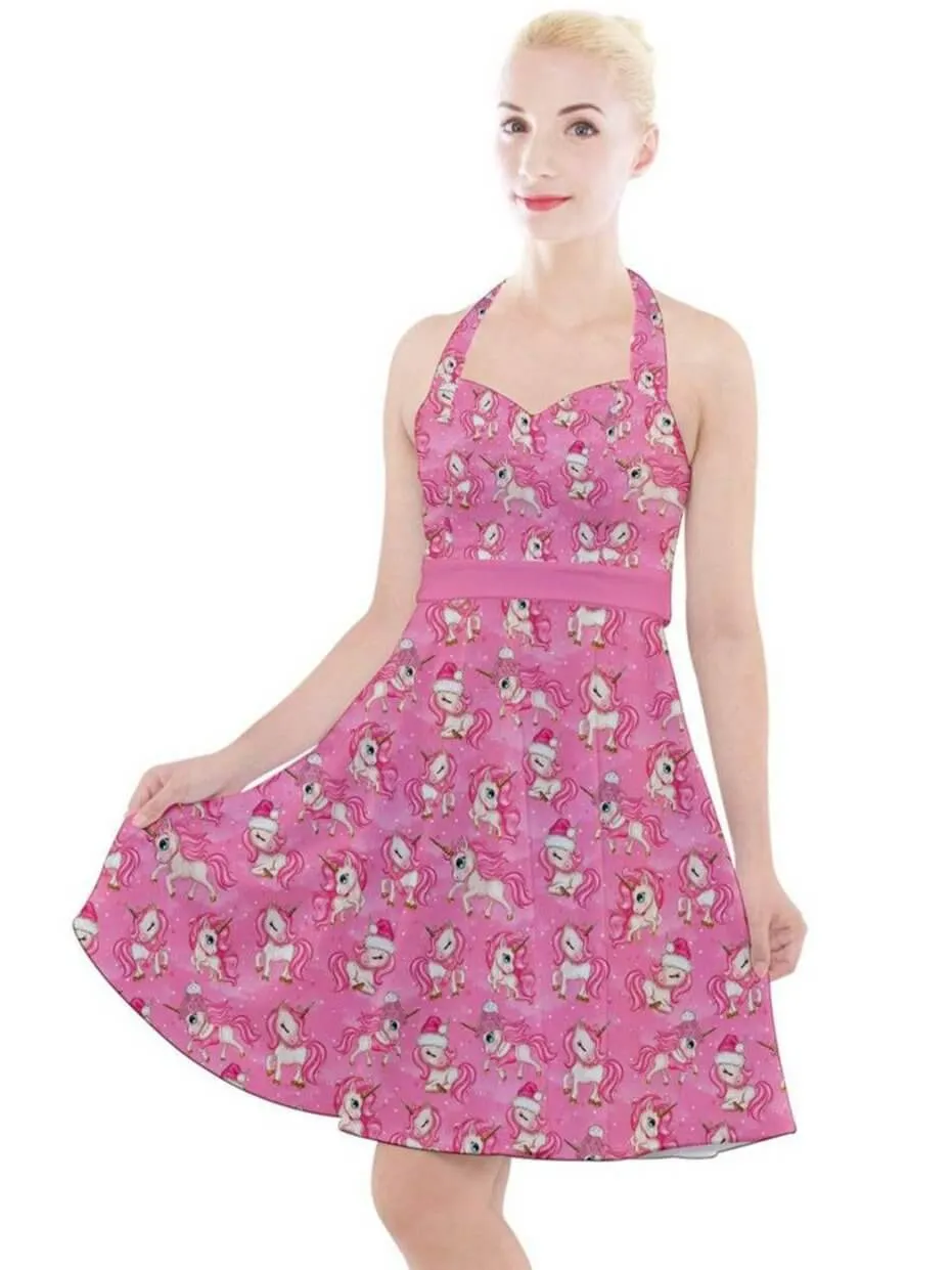 Christmas Unicorns Halter Swing Dress