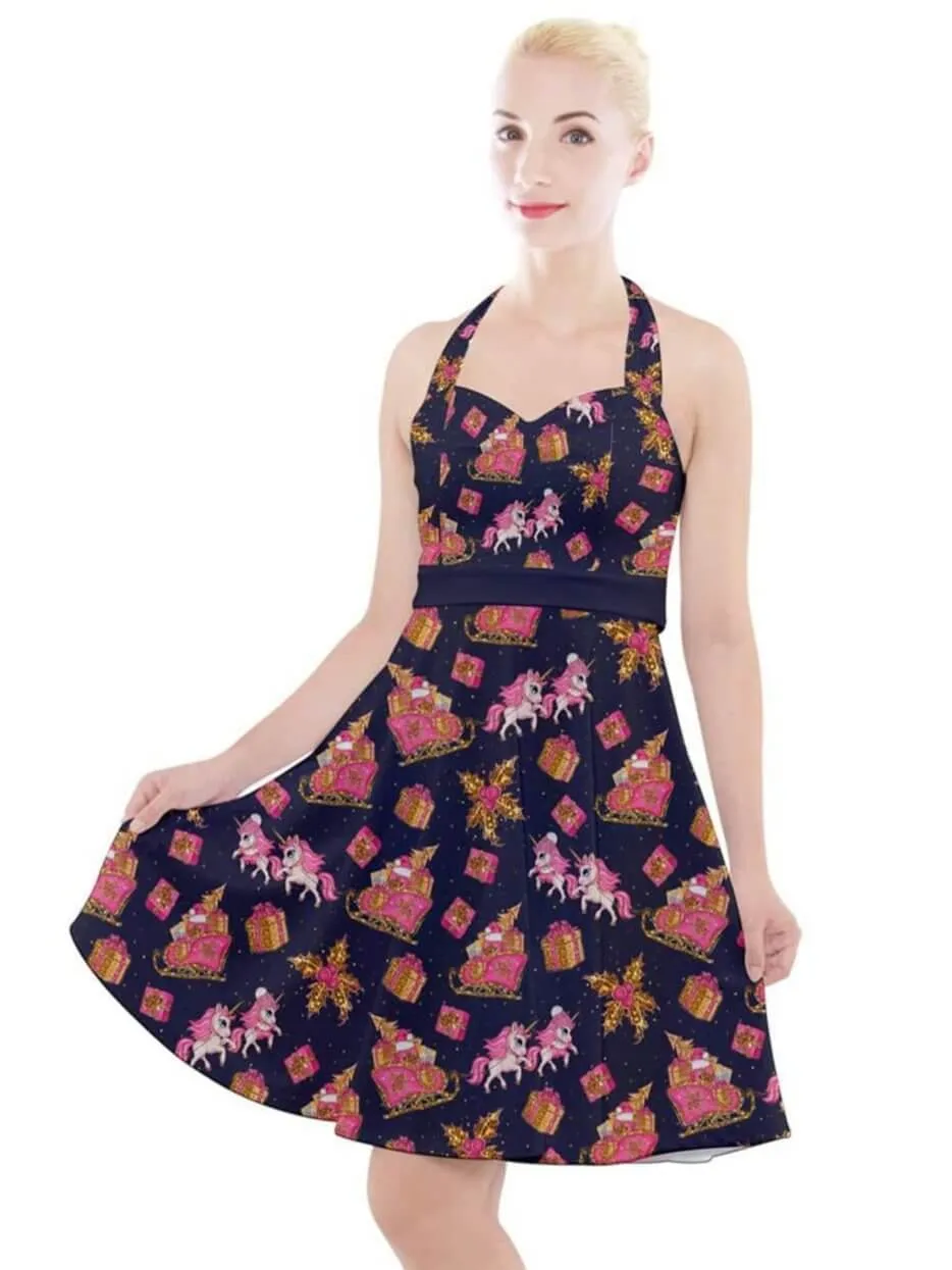 Christmas Unicorns Halter Swing Dress