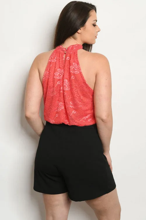 Coral Lace Overlay Plus Size Romper