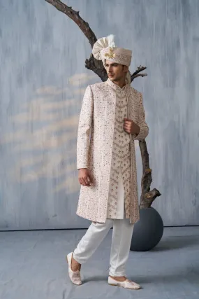Cream Jacket Set With Motif Embroidery And Kasab Work