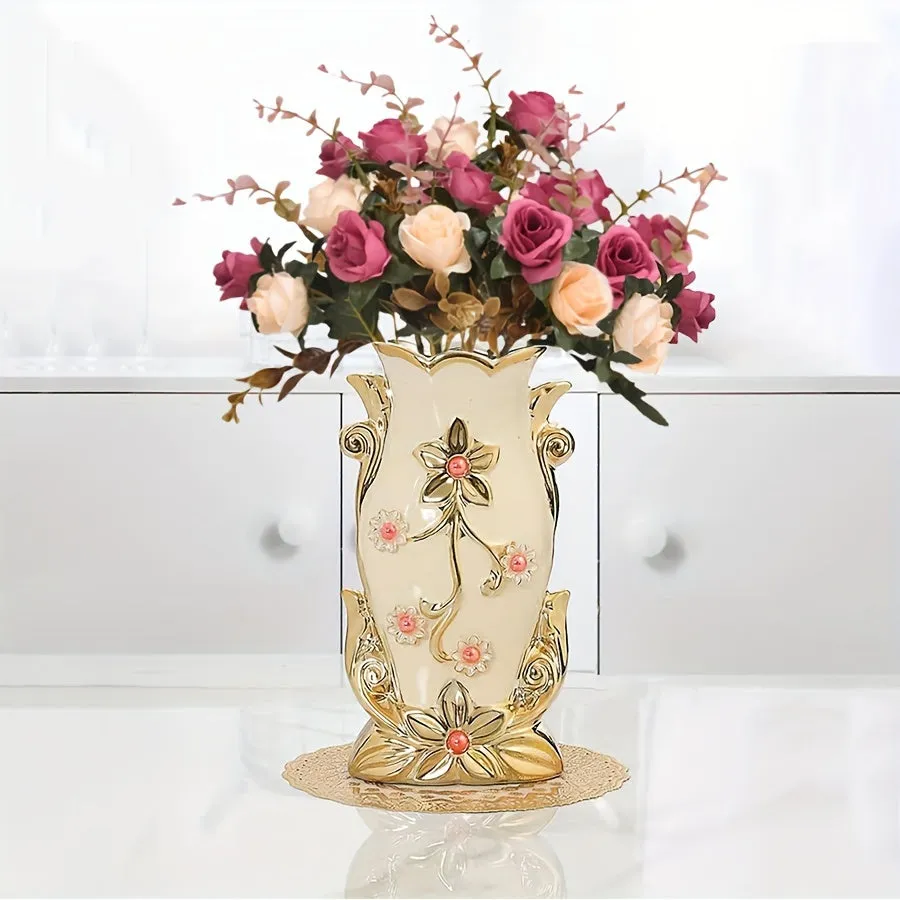 Elegant Faux Rose Bouquet with 8" Golden Ceramic Vase & Mat - Perfect for Home, Office, Weddings & Events Decor