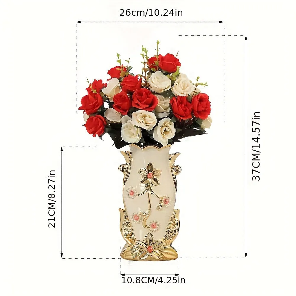 Elegant Faux Rose Bouquet with 8" Golden Ceramic Vase & Mat - Perfect for Home, Office, Weddings & Events Decor