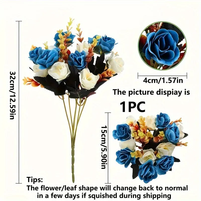 Elegant Faux Rose Bouquet with 8" Golden Ceramic Vase & Mat - Perfect for Home, Office, Weddings & Events Decor