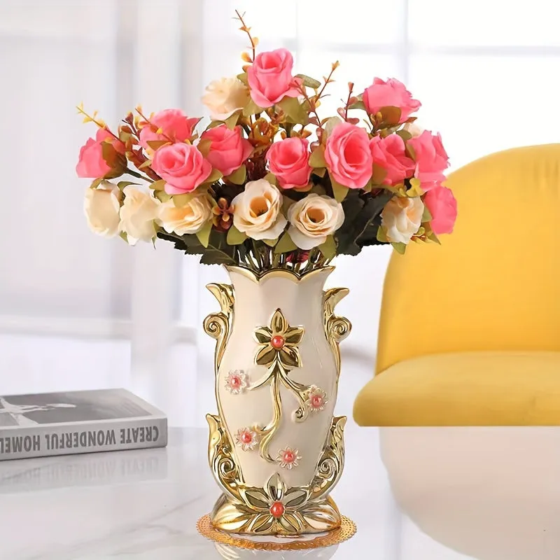 Elegant Faux Rose Bouquet with 8" Golden Ceramic Vase & Mat - Perfect for Home, Office, Weddings & Events Decor