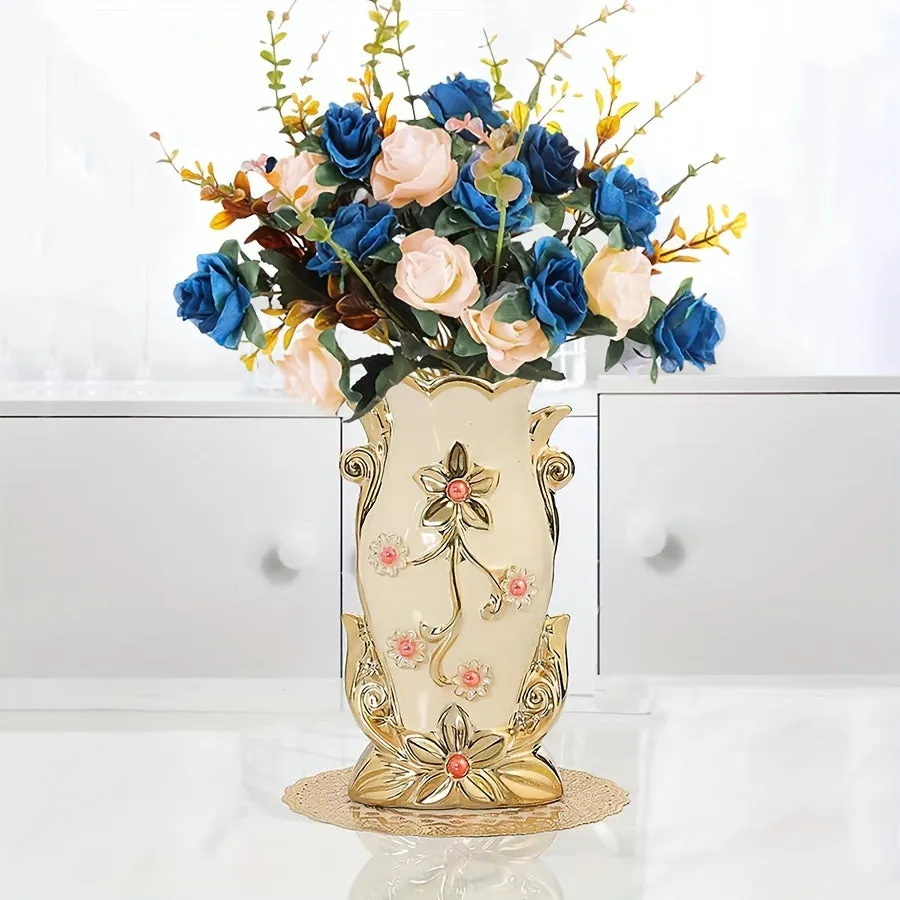Elegant Faux Rose Bouquet with 8" Golden Ceramic Vase & Mat - Perfect for Home, Office, Weddings & Events Decor