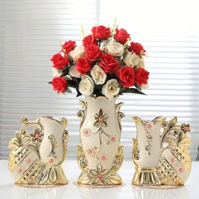 Elegant Faux Rose Bouquet with 8" Golden Ceramic Vase & Mat - Perfect for Home, Office, Weddings & Events Decor