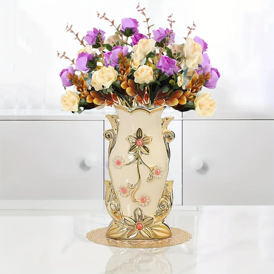 Elegant Faux Rose Bouquet with 8" Golden Ceramic Vase & Mat - Perfect for Home, Office, Weddings & Events Decor