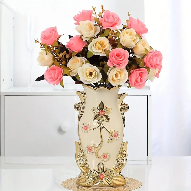 Elegant Faux Rose Bouquet with 8" Golden Ceramic Vase & Mat - Perfect for Home, Office, Weddings & Events Decor