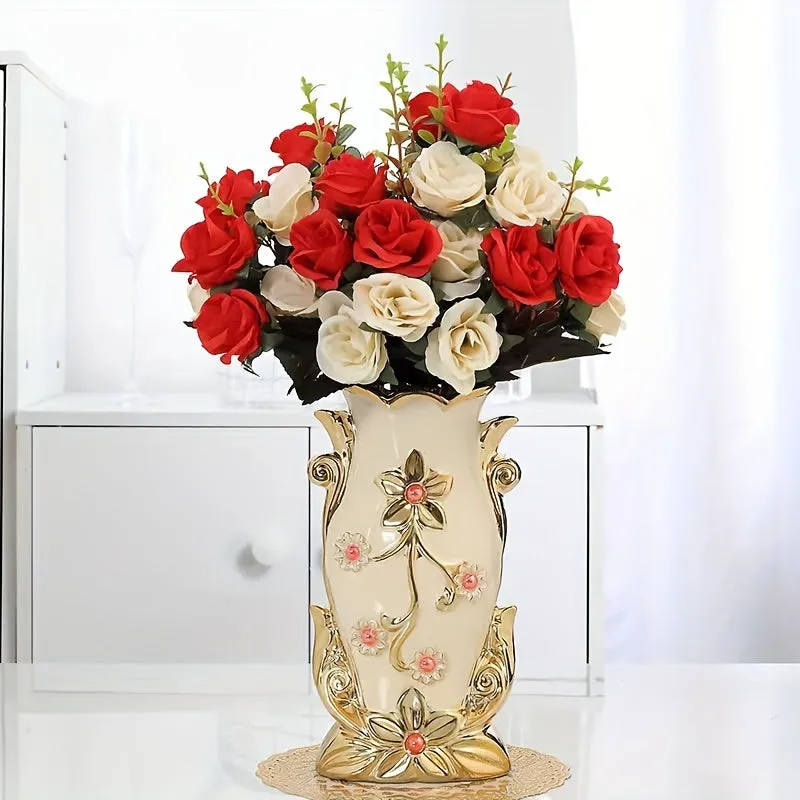 Elegant Faux Rose Bouquet with 8" Golden Ceramic Vase & Mat - Perfect for Home, Office, Weddings & Events Decor