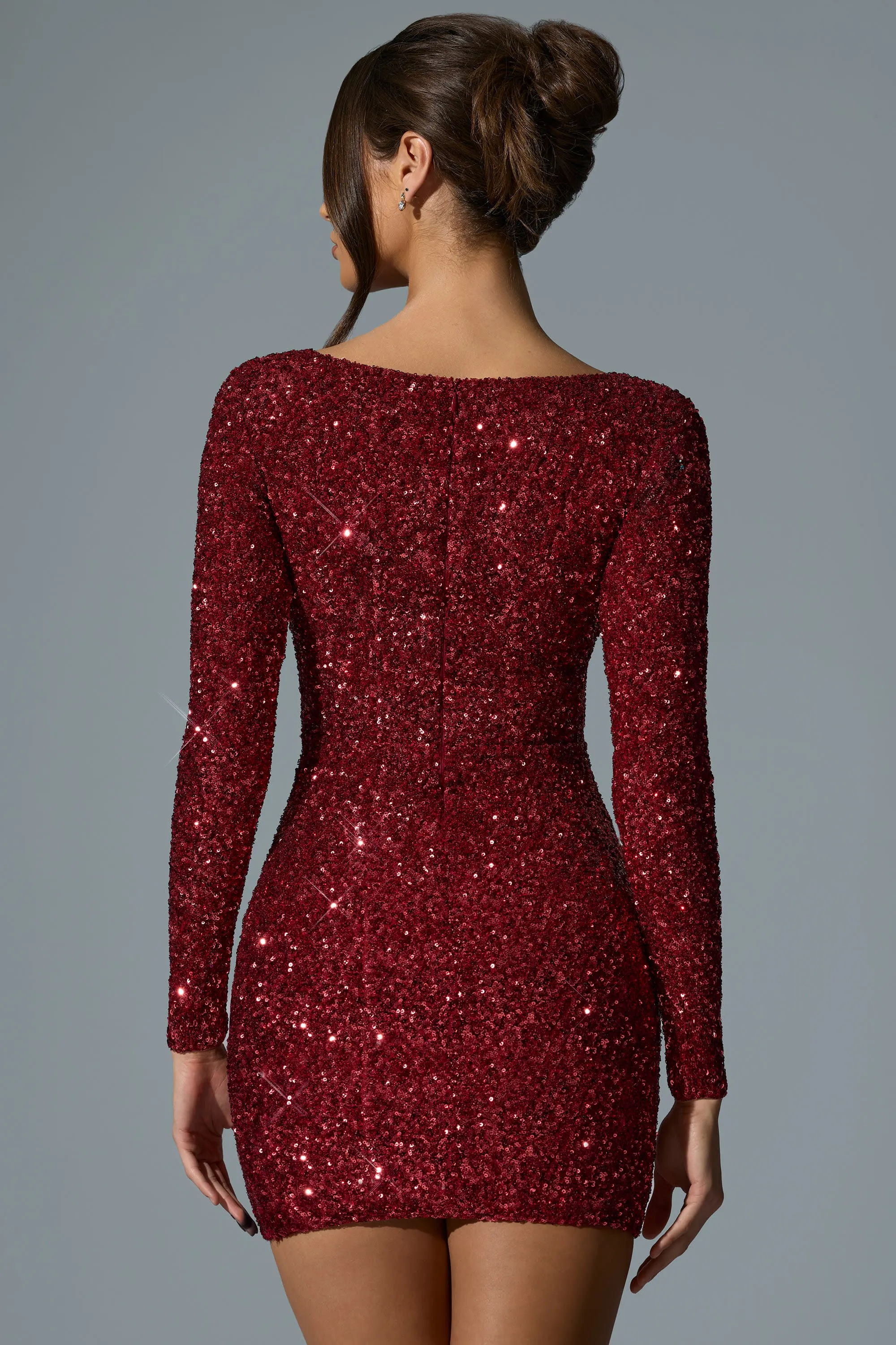 Embellished Sweetheart-Neck Mini Dress in Red