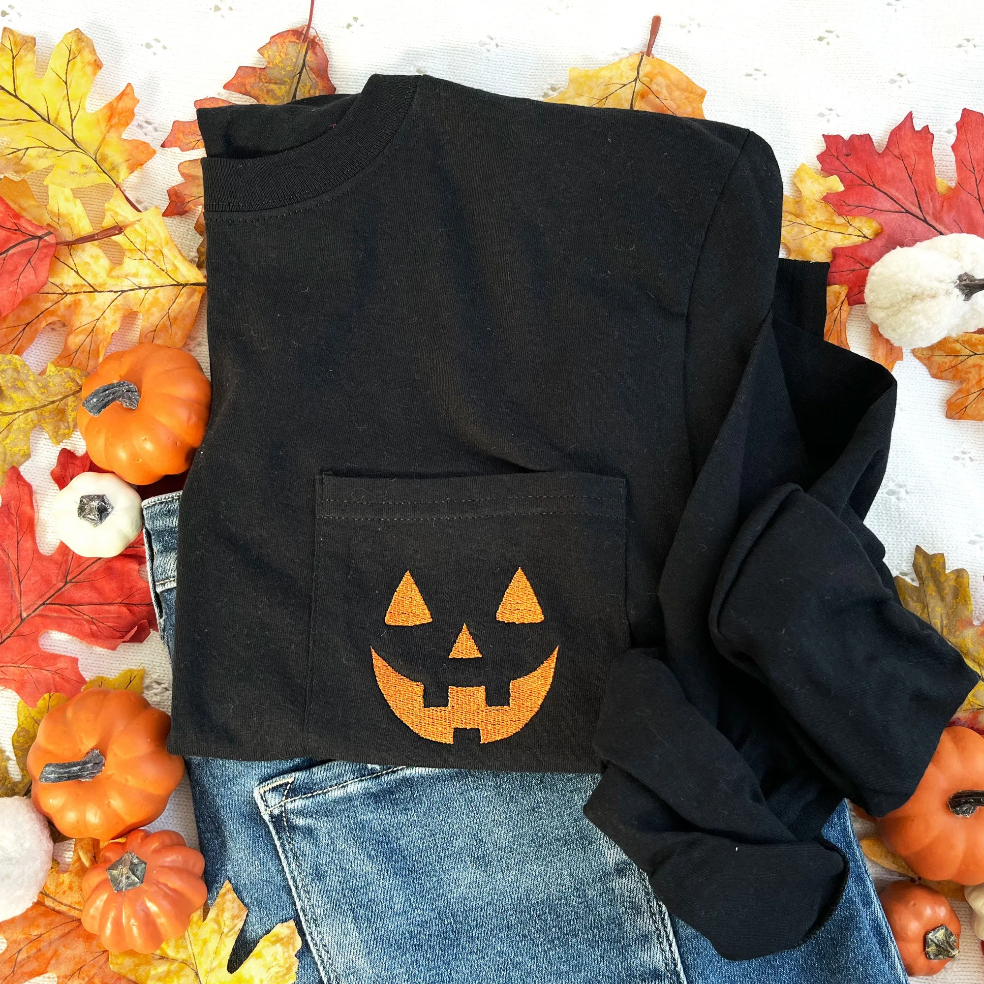 Embroidered Jack-O-Lantern Halloween Comfort Colors Long Sleeve Pocket Tee
