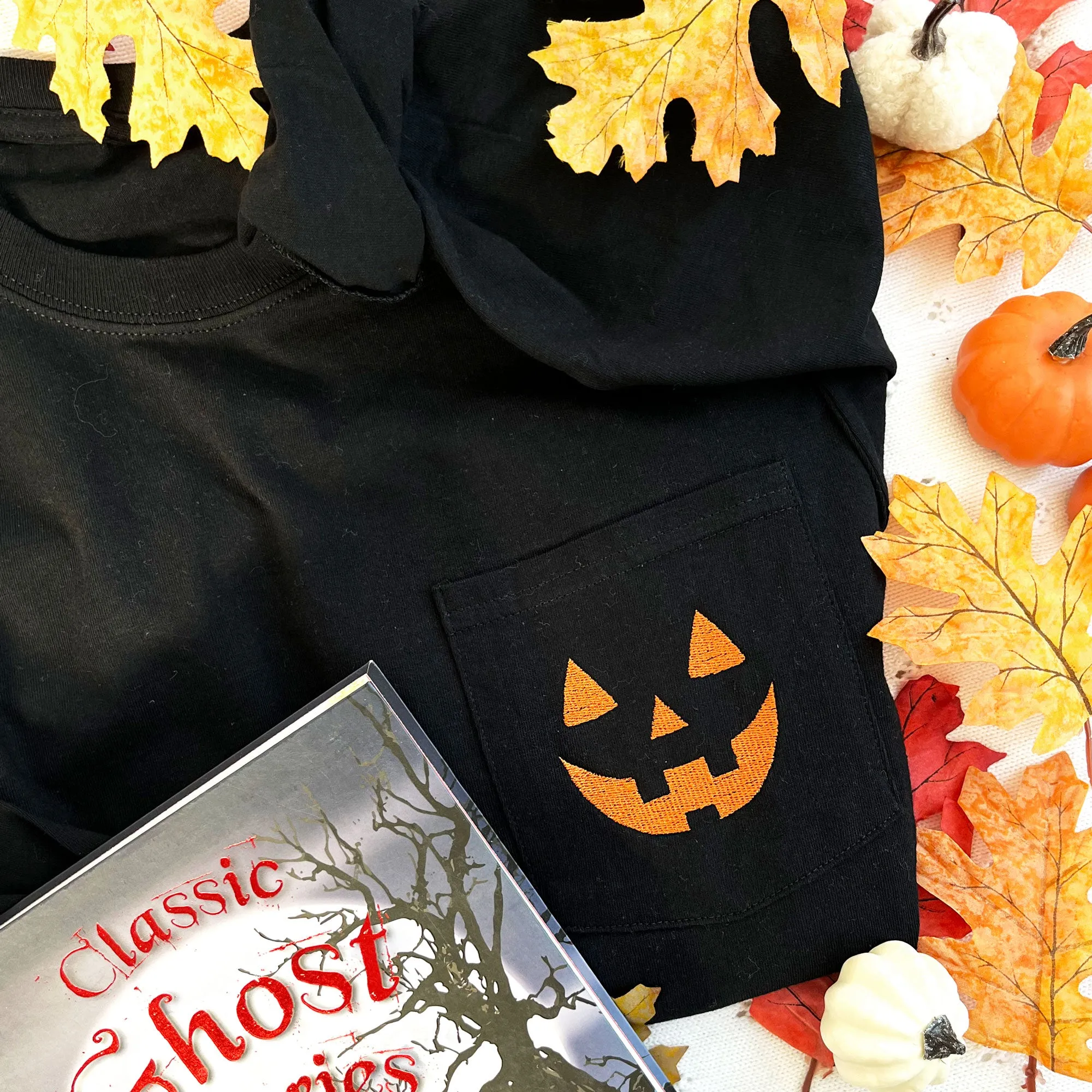 Embroidered Jack-O-Lantern Halloween Comfort Colors Long Sleeve Pocket Tee
