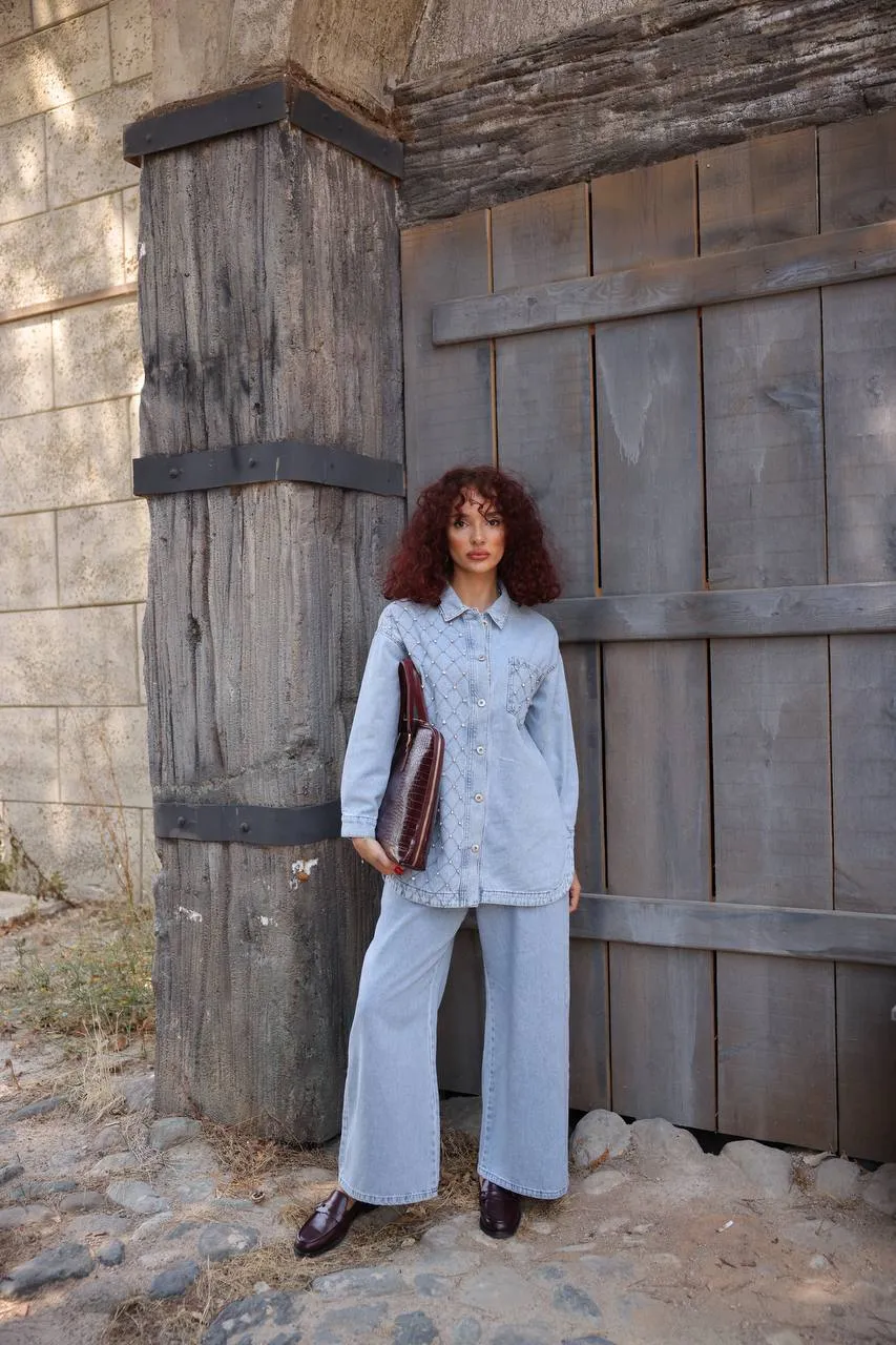 Hafiza Women Two Piece Denim Shirt and Pant Set