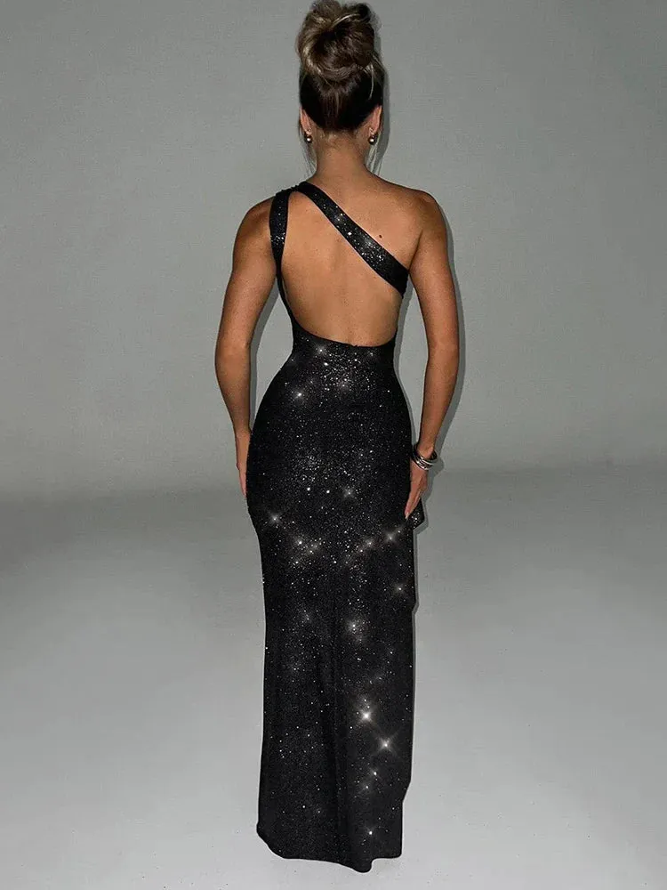 Hnzxzm Fashion New One Shoulder High Split Dress Women Bodycon Shiny Backless Elegant Evening Dress Female Charming Party Club