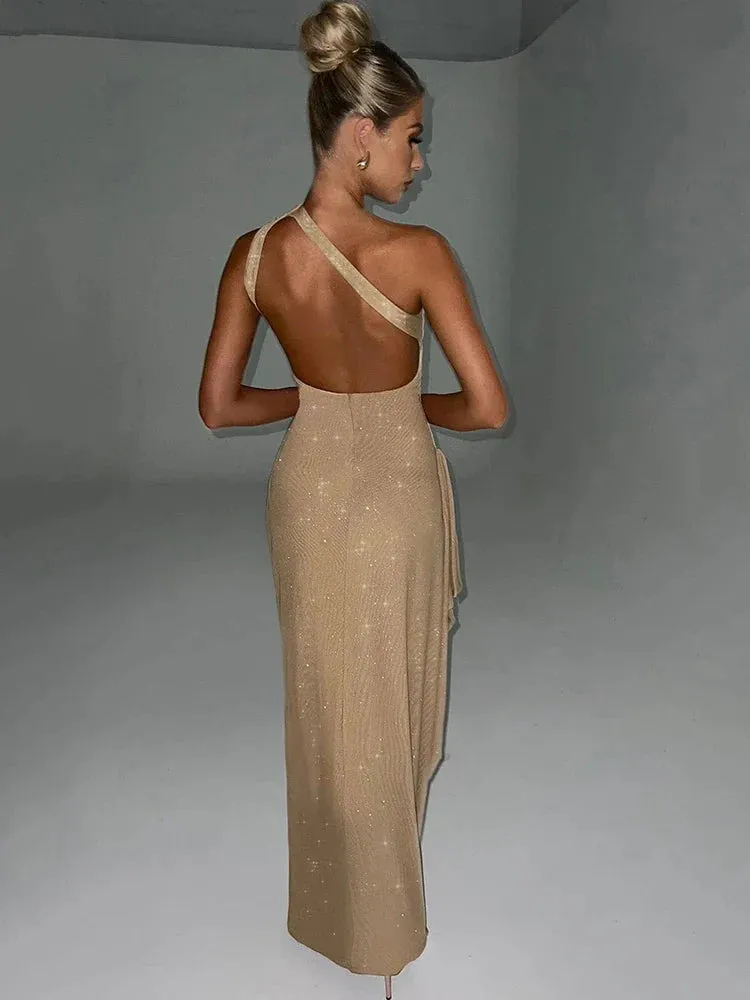 Hnzxzm Fashion New One Shoulder High Split Dress Women Bodycon Shiny Backless Elegant Evening Dress Female Charming Party Club