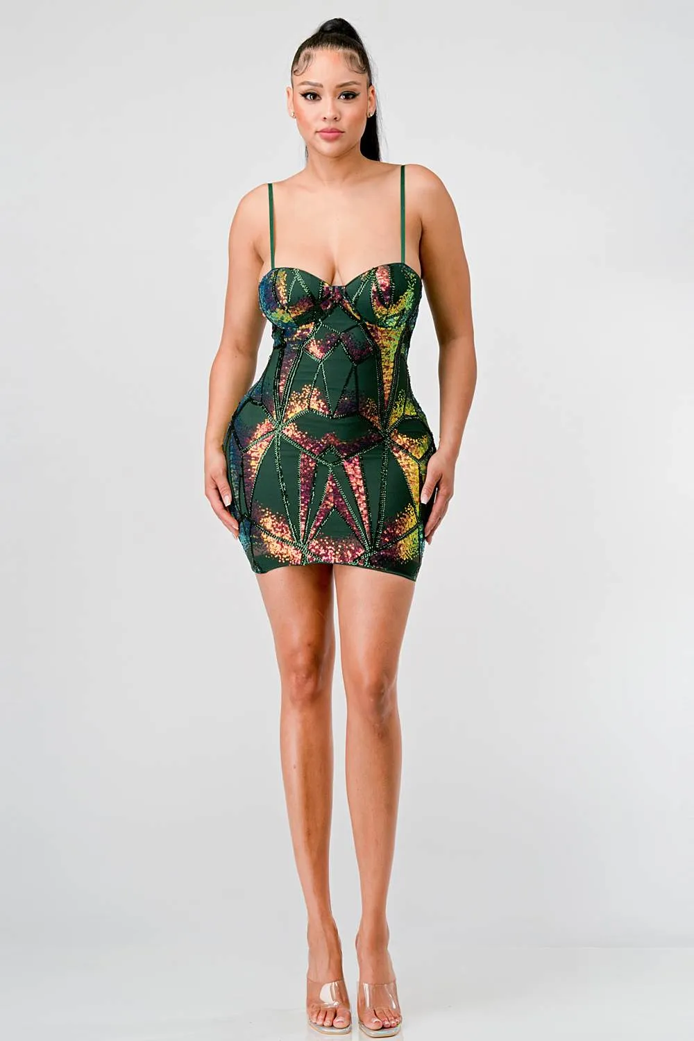 HOLOGRAM SEQUINS SWEETHEART SLEEVELESS MINI DRESS