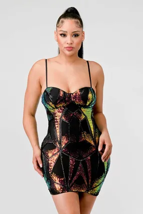 HOLOGRAM SEQUINS SWEETHEART SLEEVELESS MINI DRESS