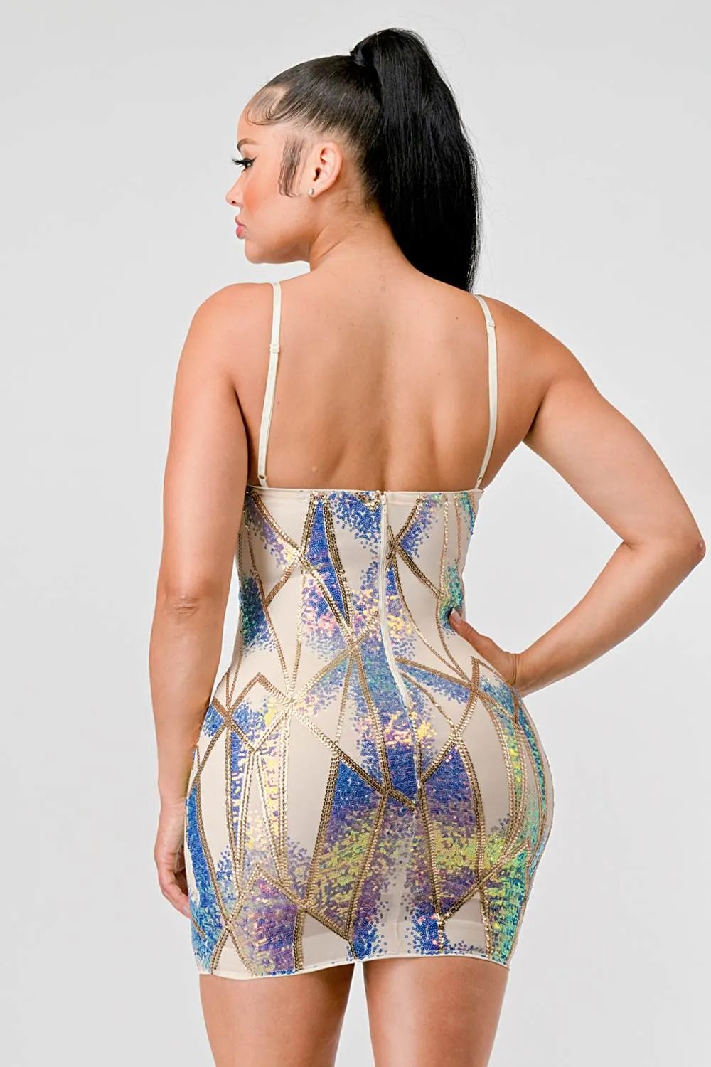 HOLOGRAM SEQUINS SWEETHEART SLEEVELESS MINI DRESS