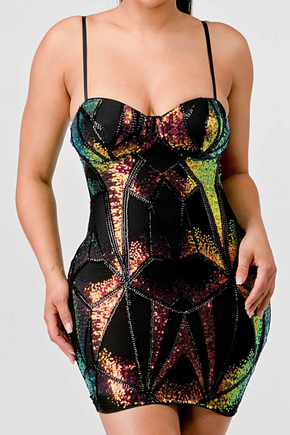 HOLOGRAM SEQUINS SWEETHEART SLEEVELESS MINI DRESS