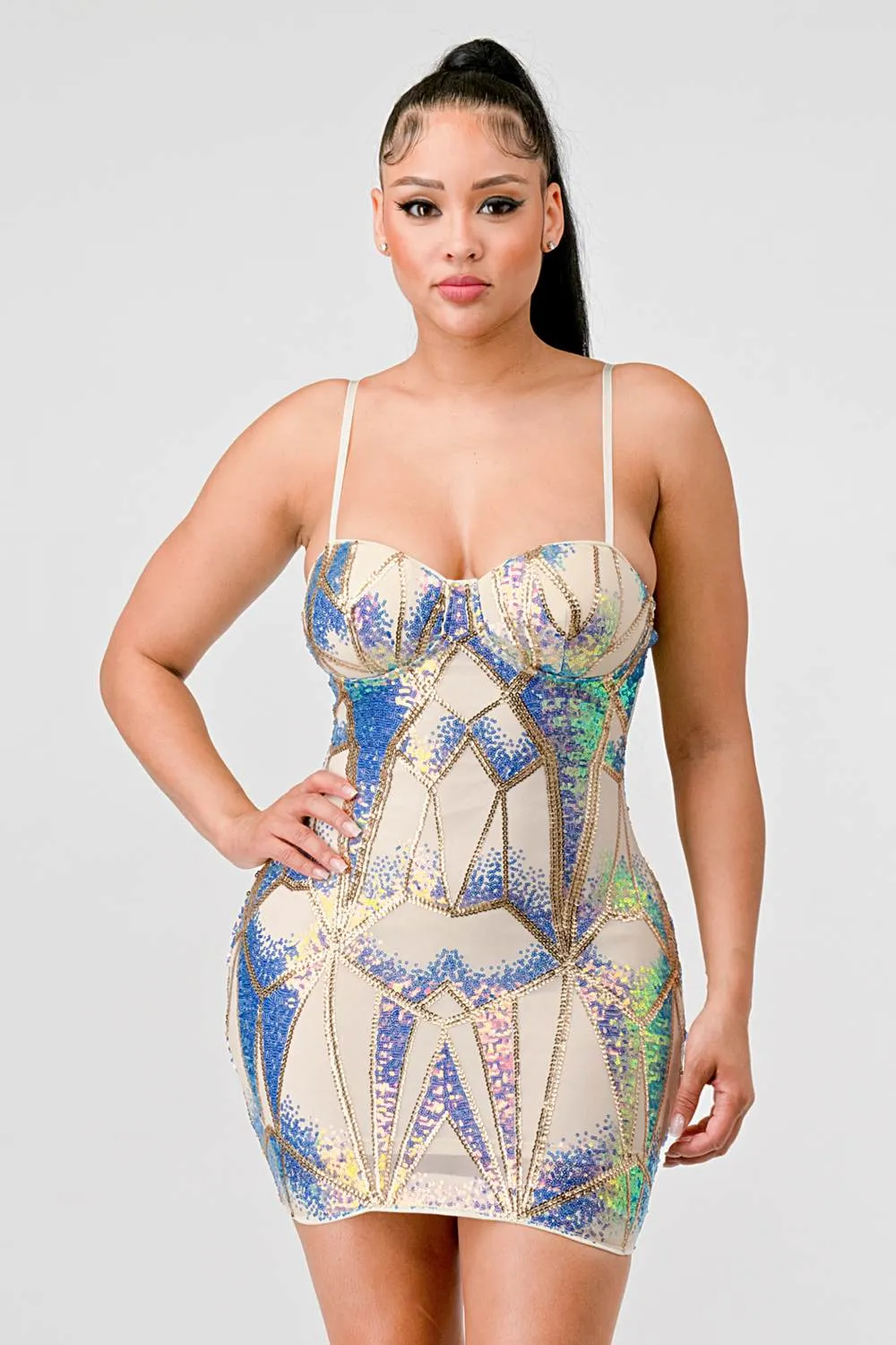 HOLOGRAM SEQUINS SWEETHEART SLEEVELESS MINI DRESS