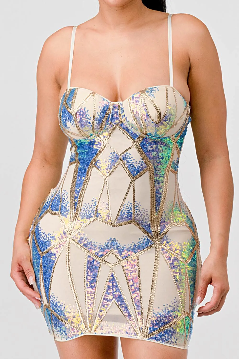 HOLOGRAM SEQUINS SWEETHEART SLEEVELESS MINI DRESS