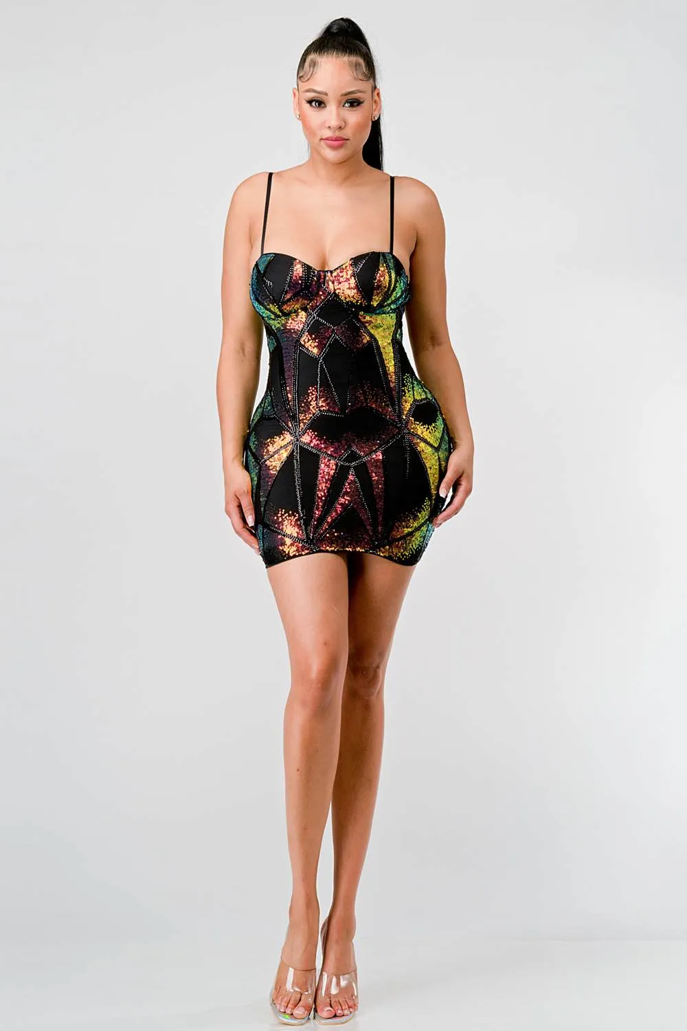 HOLOGRAM SEQUINS SWEETHEART SLEEVELESS MINI DRESS