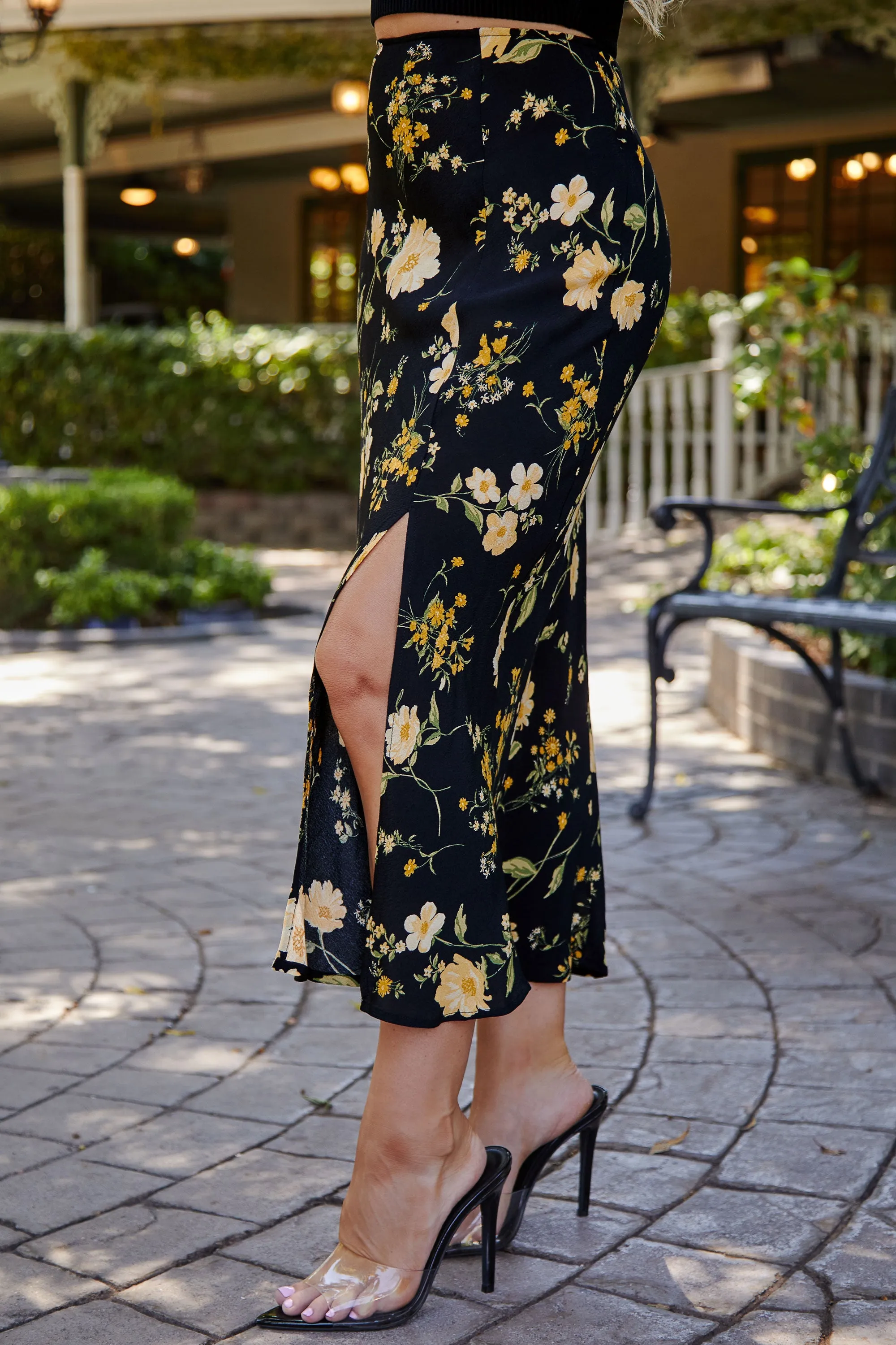 Irena Black Floral Side Slit Midi Skirt