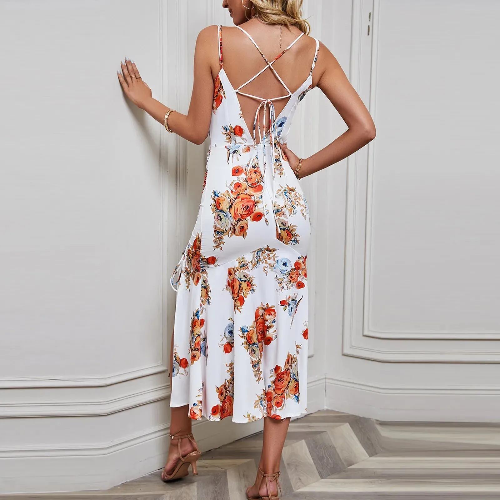 JuliaFashion - Fashion Floral Print Spaghetti Strap Bodycon Women V Neck Sleeveless Side Drawstring Midi Woman Summer Casual Dress