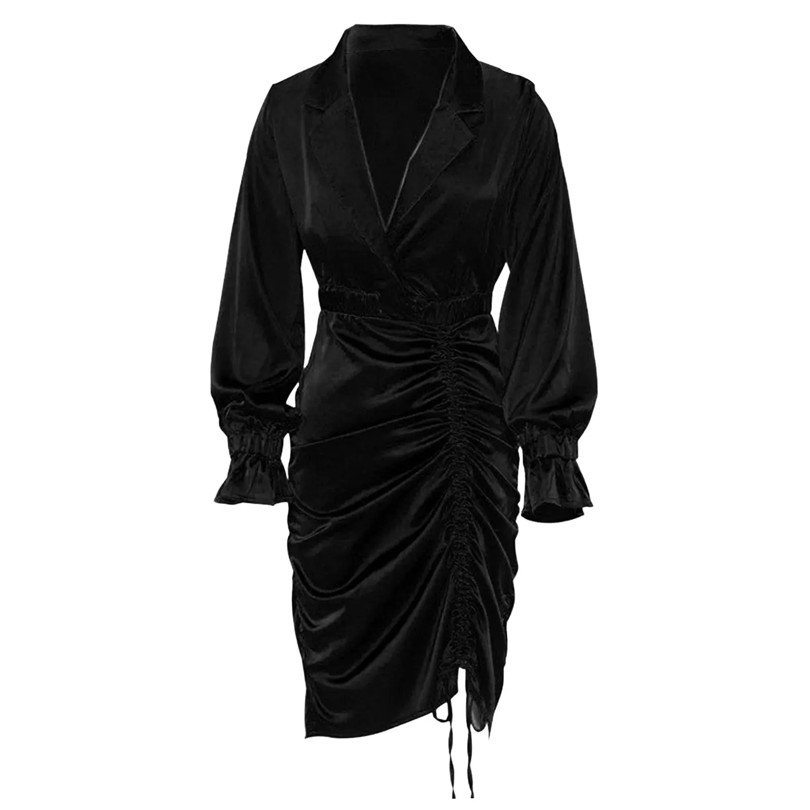 JuliaFashion - Pleated Drawstring Mini Bodycon 2024 Women Long Sleeve Night Club Bandage Elegant Blazer Female Sexy Party Vestidos Dress