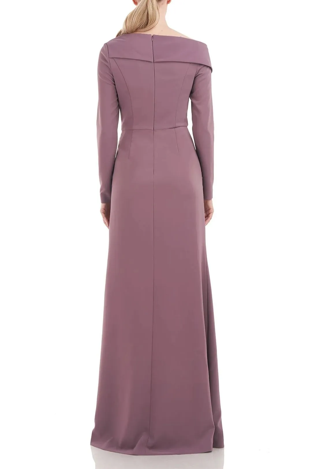 Kay Unger Asymmetrical Draped Neckline Long Sleeve Bodycon Zipper Back Stretch Crepe Dress