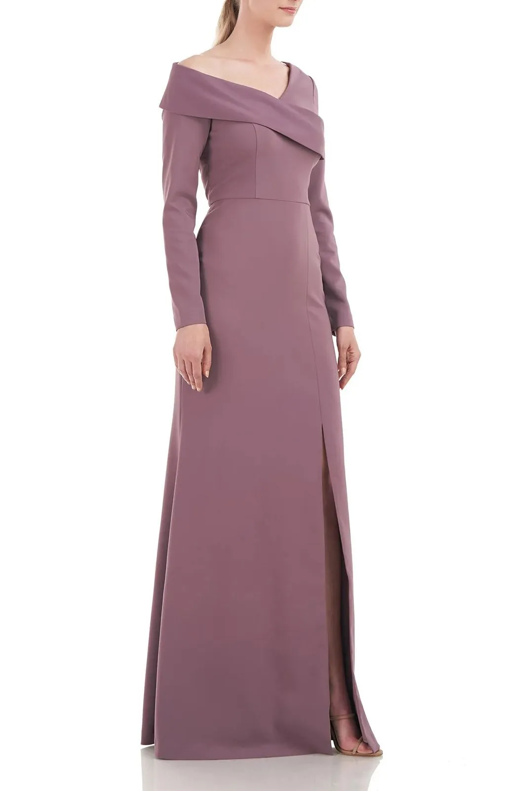 Kay Unger Asymmetrical Draped Neckline Long Sleeve Bodycon Zipper Back Stretch Crepe Dress