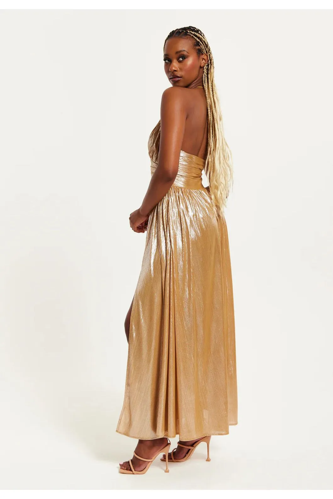 Liquorish Strapless Gold Foil Printed Jersey Maxi Dress