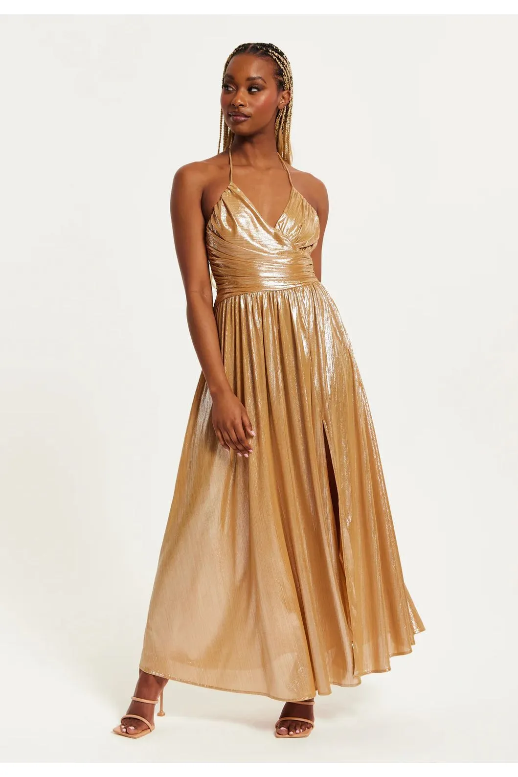 Liquorish Strapless Gold Foil Printed Jersey Maxi Dress