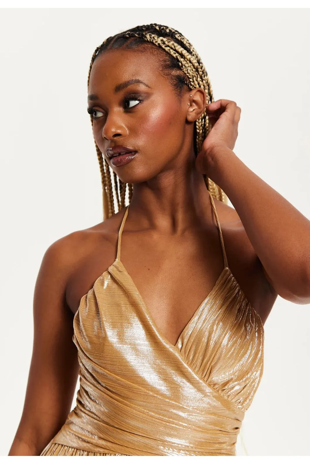 Liquorish Strapless Gold Foil Printed Jersey Maxi Dress