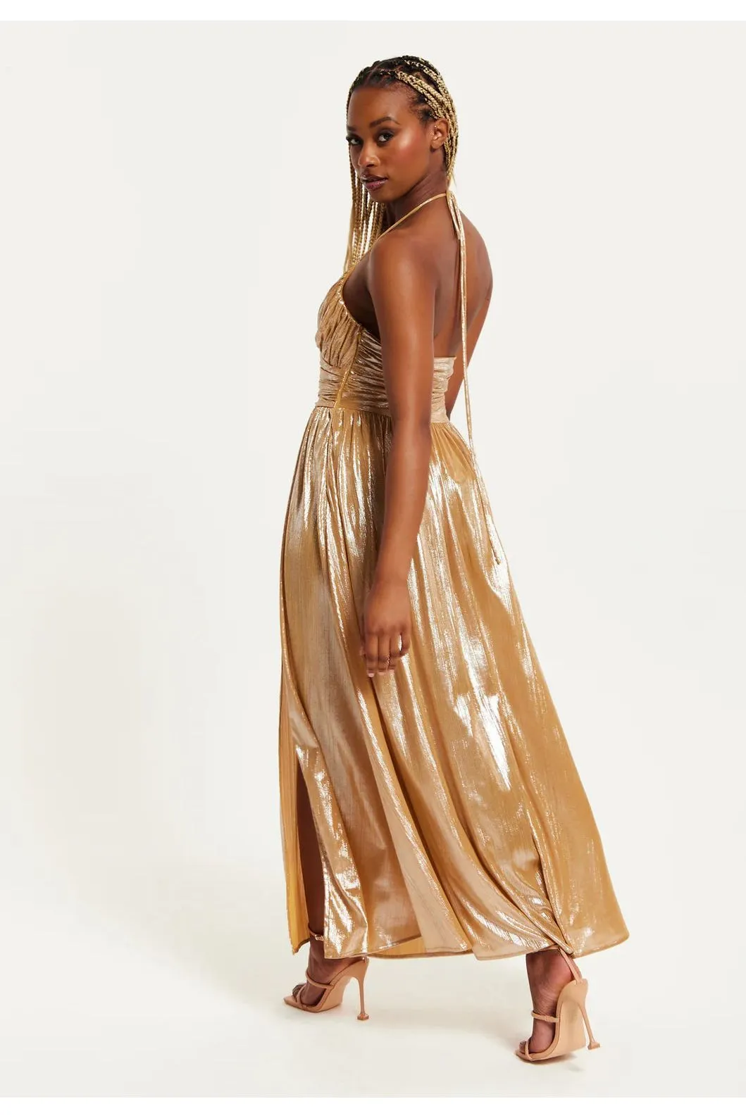 Liquorish Strapless Gold Foil Printed Jersey Maxi Dress