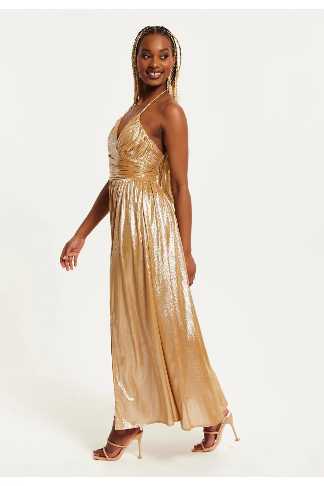 Liquorish Strapless Gold Foil Printed Jersey Maxi Dress