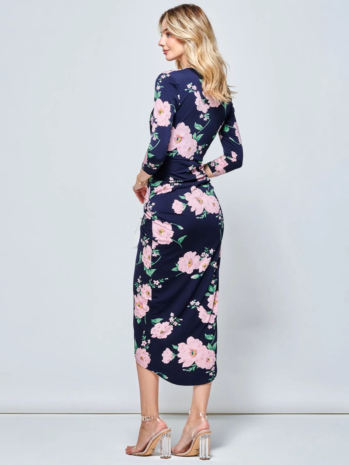 Long Sleeve Wrap Front Bodycon Dress, Floral Multi