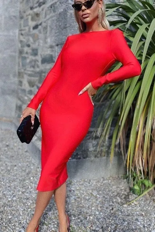 Lyn Long Sleeve Bandage Dress - Lipstick Red