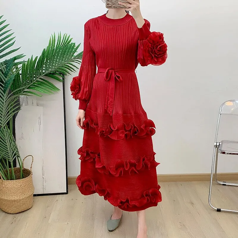 Miyake Pleated Lace Up Midi Dress