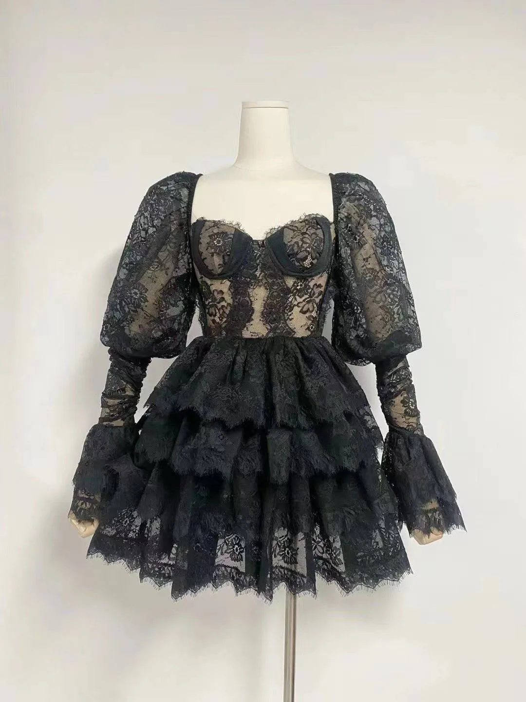 Molly Long Sleeve Lace Corset Ruffle Mini