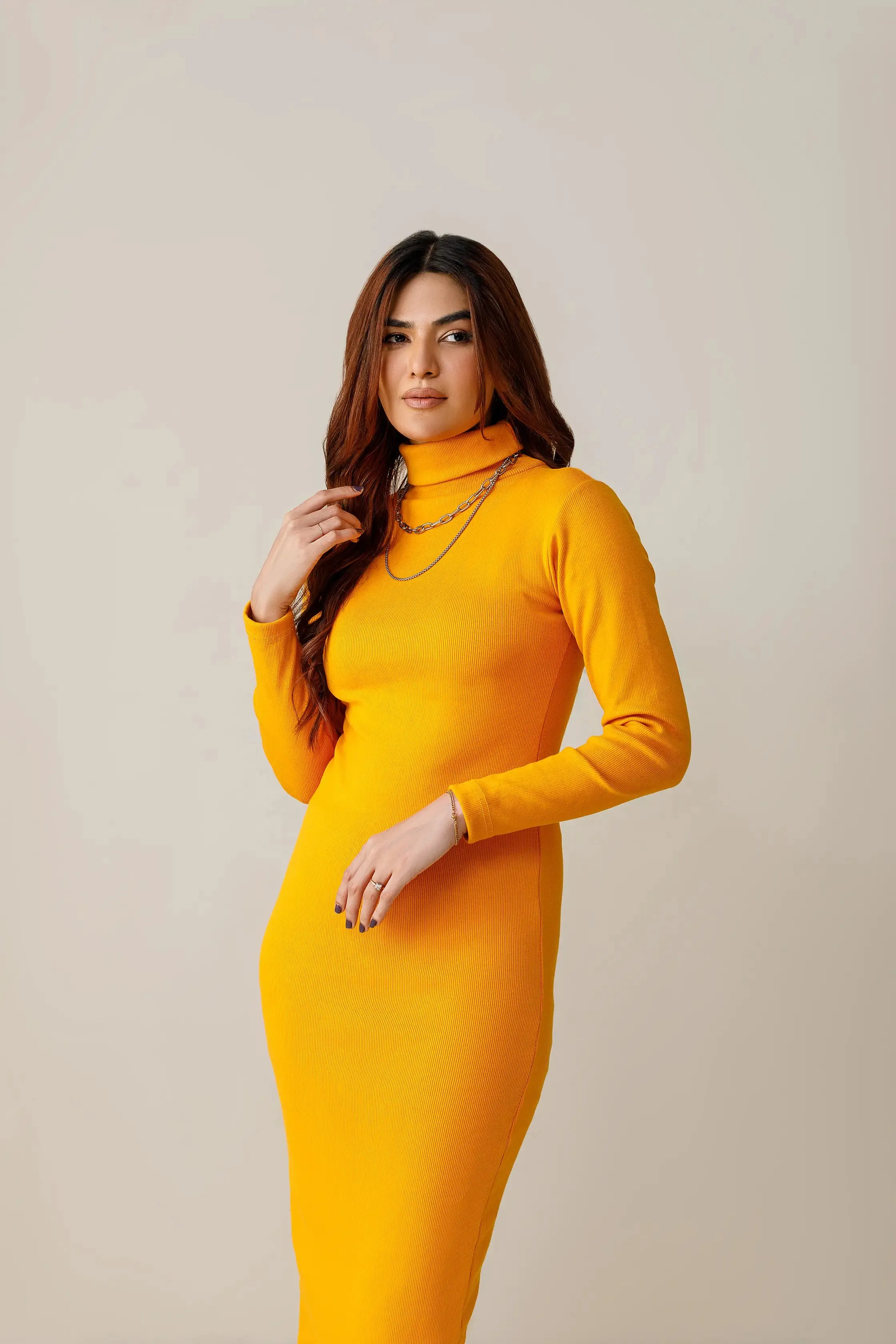 Mustard Yellow highneck Bodycon dress