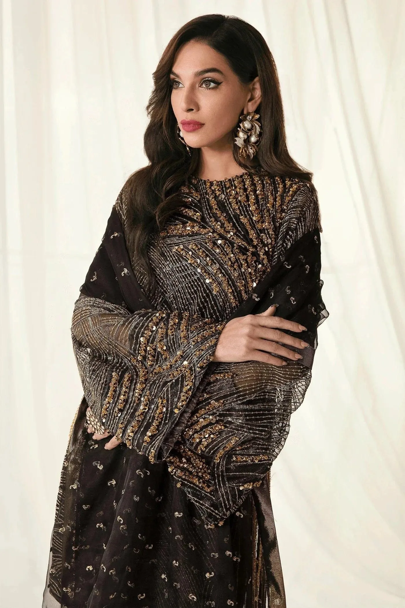 Nilofer Shahid - Pure Net Embroidered Shirt & Charmeuse Silk Pants with Premium Organza Dupatta - Starry Night - 3 Piece