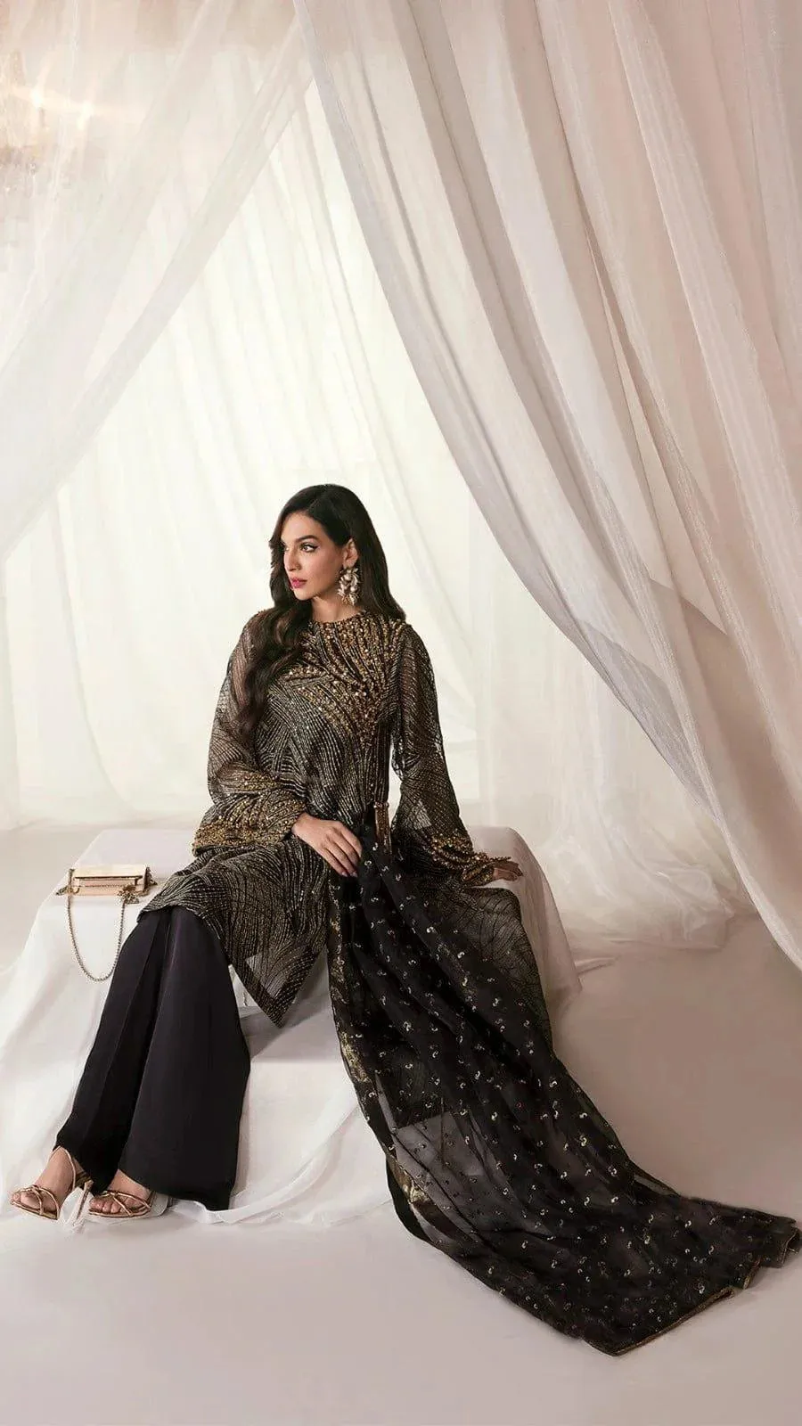 Nilofer Shahid - Pure Net Embroidered Shirt & Charmeuse Silk Pants with Premium Organza Dupatta - Starry Night - 3 Piece